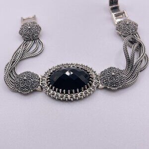 Vintage 925 Sterling Silver Black Onyx Cable Bracelet Filigree Design Secure Cla